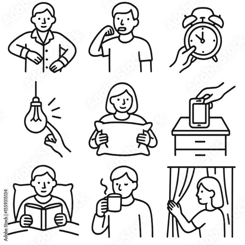 Sleep Routine Icons. Line style icons of sleep preparation silhouettes: changing into pajamas, brushing teeth, setting alarm,