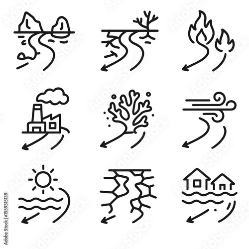 Environmental Migration Icons. Line style icons of environmental impact on migration: melting ice path, drought zone crossing,
