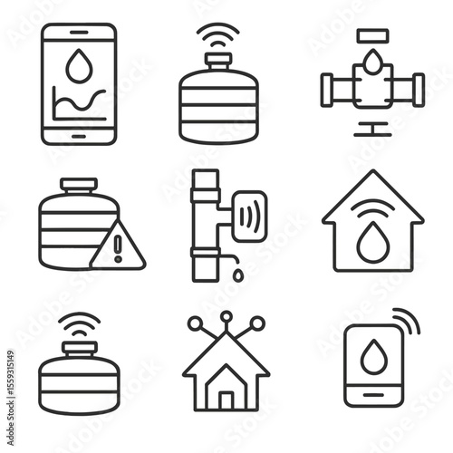 Smart Rainwater System Icons. Line style icons of smart rainwater systems: app with water level graph, sensor on tank, digital