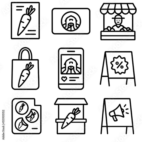 CSA Marketing Icons. Line style icons of CSA outreach and marketing: CSA flyer icon, farm logo on card, farmer’s market booth,