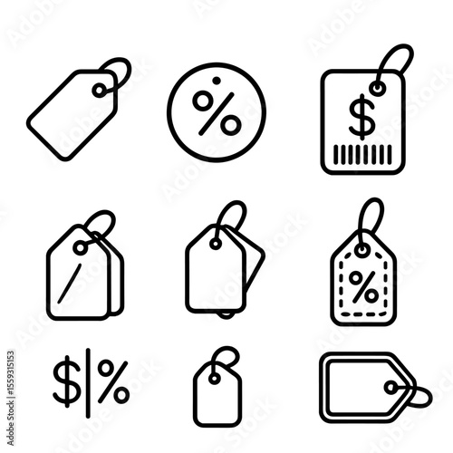 Price Tag Icons. Line style icons of price tags with variations: folded tag, circular markdown tag, square bold price sticker,
