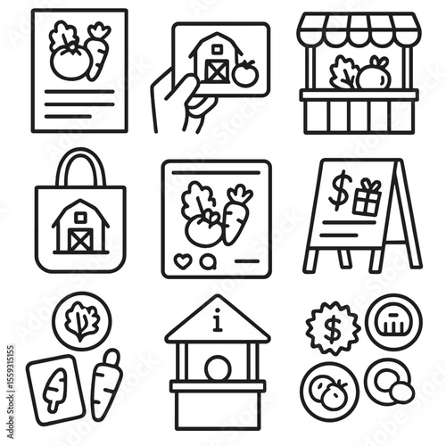 CSA Marketing Icons. Line style icons of CSA outreach and marketing: CSA flyer icon, farm logo on card, farmer’s market booth,