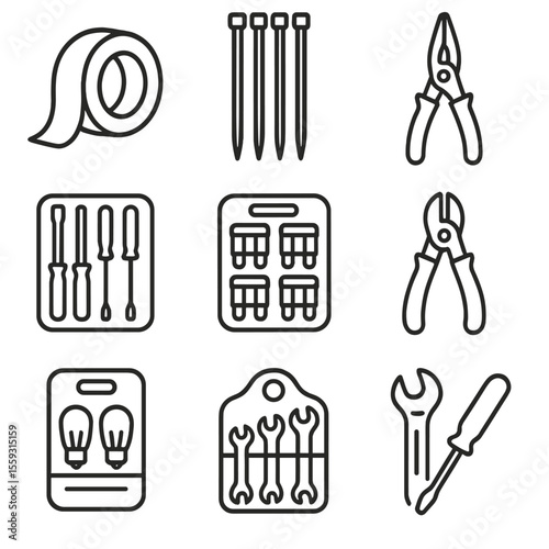 Tool and Repair Icons. Line style icons of tool and repair kits: duct tape roll, zip ties, pliers, screwdriver set, fuses pack,