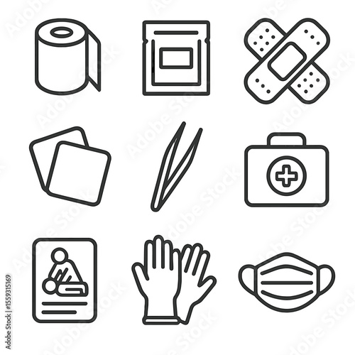Car First Aid Essentials. Line style icons of first aid kit for car: bandage roll, antiseptic wipes, adhesive strips, gauze pads,