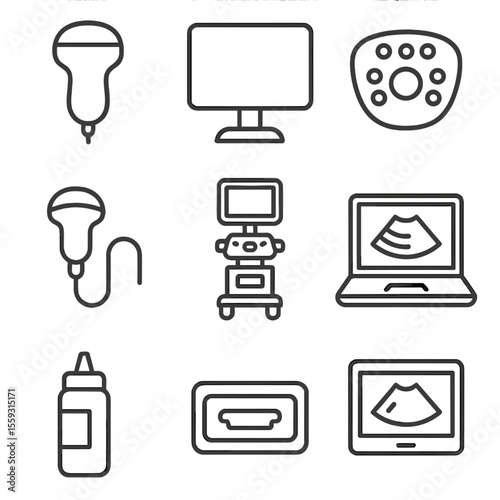 Ultrasound Equipment Icons. Line style icons of ultrasound equipment: handheld transducer, ultrasound machine monitor, control