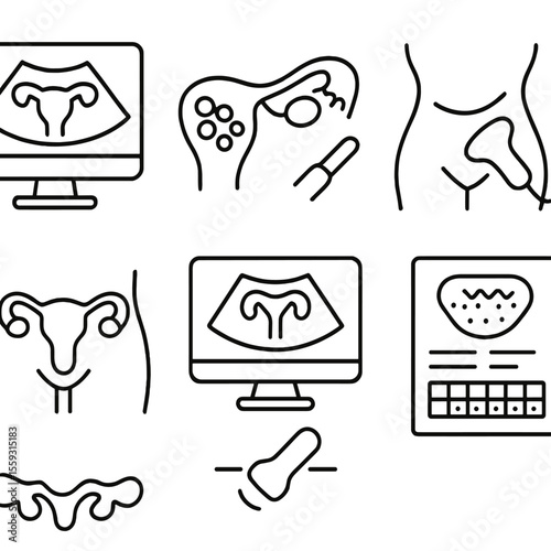 Pelvic Ultrasound Icons. Line style icons of pelvic ultrasound: uterus with scan, ovary view symbol, bladder with probe,