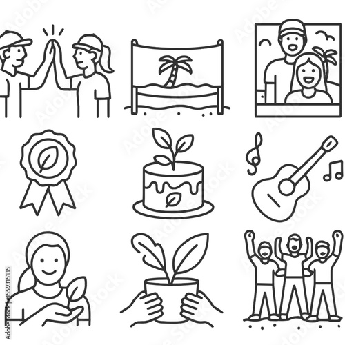 Eco Celebration Icons. Line style icons of post-cleanup celebration: high five volunteers, clean beach banner, eco cake icon,