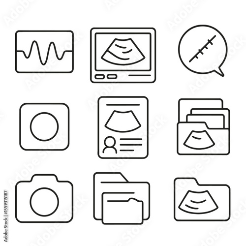 Ultrasound Interpretation Icons. Line style icons of ultrasound result interpretation: waveform image, grayscale scan screen,