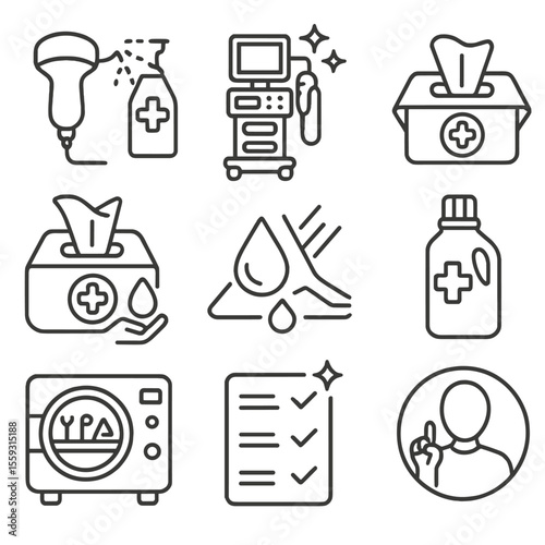 Ultrasound Hygiene Icons. Line style icons of ultrasound hygiene and maintenance: probe disinfection icon, cleaned equipment cart,