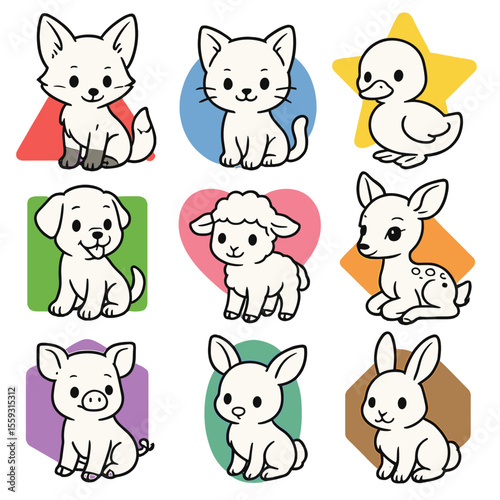 Baby Animals and Shapes. Line style icons of baby animals and color-coded shapes: red triangle with fox cub, blue circle with