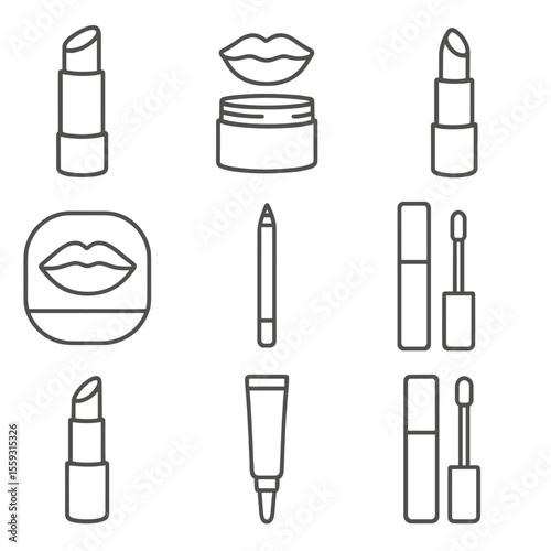 Lip Care Icon Set. Line style icons of lip care products: lip balm stick, lip scrub jar, tinted lip treatment, lip mask, lip liner