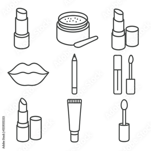 Lip Care Icon Set. Line style icons of lip care products: lip balm stick, lip scrub jar, tinted lip treatment, lip mask, lip liner