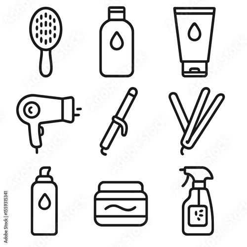 Hair Care Icons. Line style icons of hair care and styling: hairbrush, shampoo bottle, conditioner tube, hair dryer, curling iron,