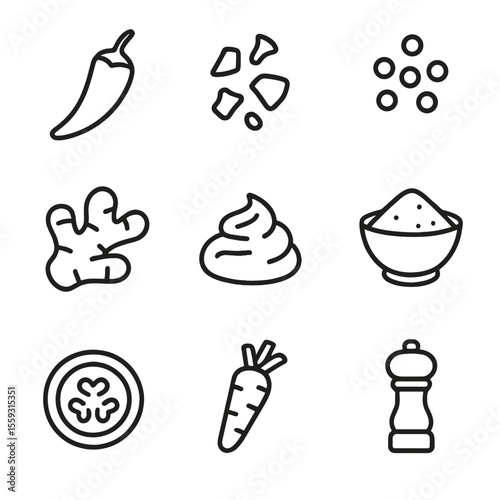Spicy Flavor Icons. Line style icons of spicy flavor elements: red chili icon, hot pepper flakes, mustard seeds, ginger root,