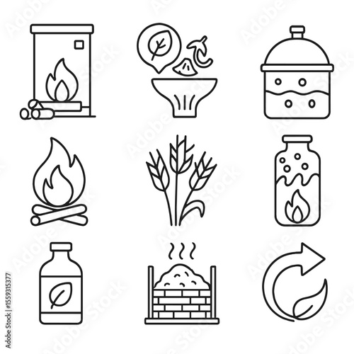 Bioenergy Line Icons. Line style icons of bioenergy and biomass: pellet burner, organic waste power icon, biogas digester, biomass