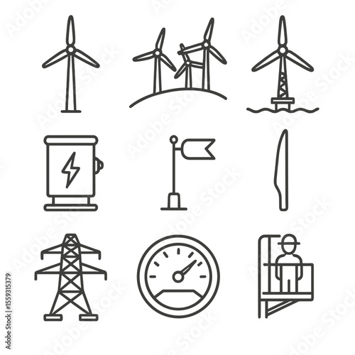 Wind Energy Icons. Line style icons of wind energy infrastructure: single wind turbine, wind farm on hill, offshore wind turbine,