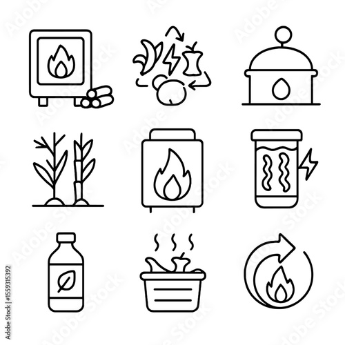 Bioenergy Line Icons. Line style icons of bioenergy and biomass: pellet burner, organic waste power icon, biogas digester, biomass