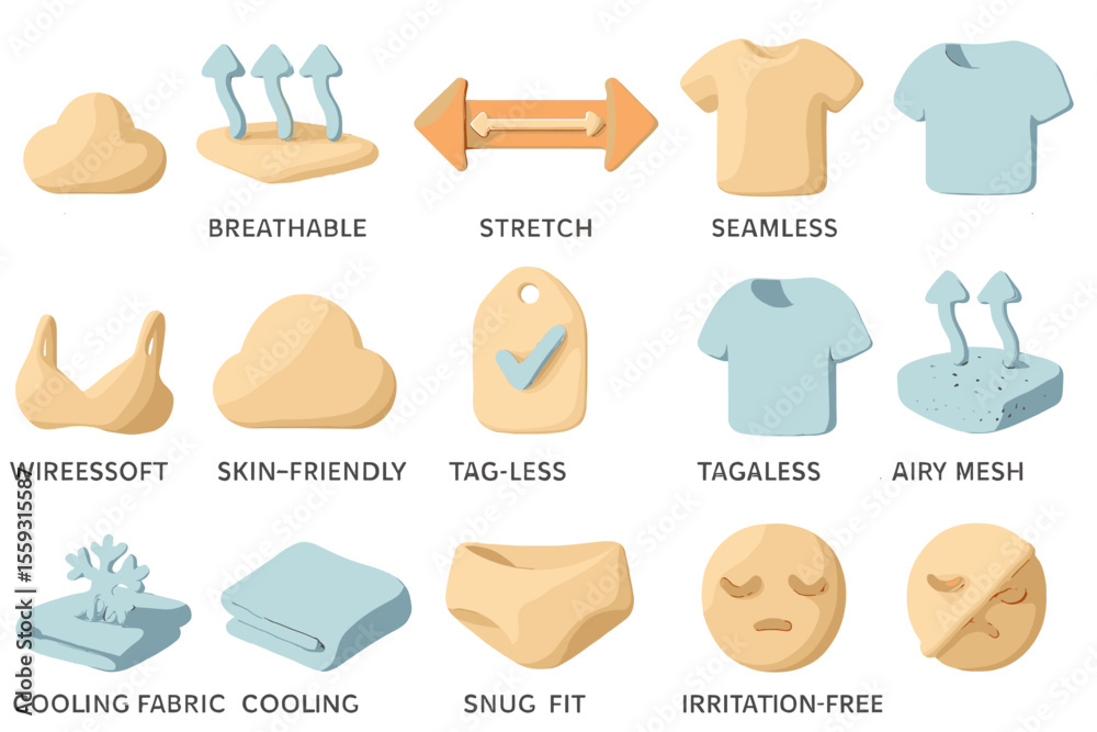 Naklejka premium Seamless clothing icons: breathable, stretch, tagless, airy mesh, cooling fabric
