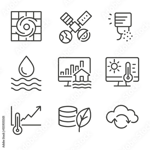 Environmental Data Icons. Line style icons of environmental data flow: weather model surge, satellite earth data, air quality