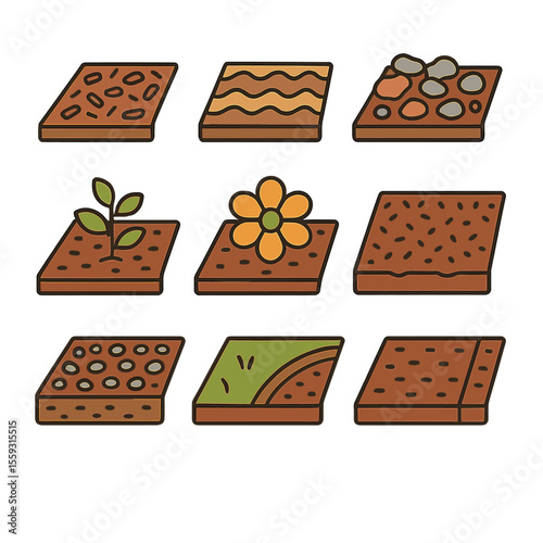 Decorative Mulching Icons. Line style icons of decorative mulching: colored bark spread, patterned mulch layer, mulch with plant