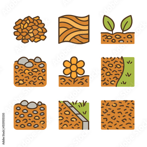 Decorative Mulching Icons. Line style icons of decorative mulching: colored bark spread, patterned mulch layer, mulch with plant