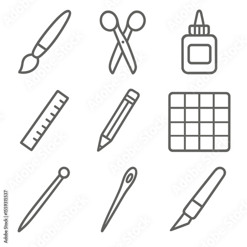 Craft Tools Icons. Line style icons of traditional craft tools: paintbrush, scissors, glue bottle, ruler, pencil, cutting mat,