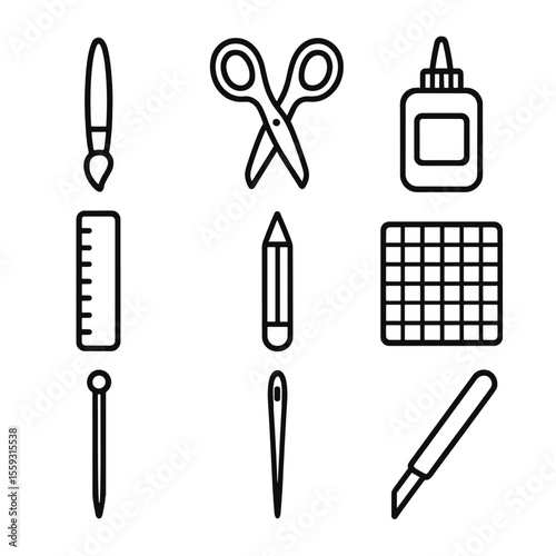 Craft Tools Icons. Line style icons of traditional craft tools: paintbrush, scissors, glue bottle, ruler, pencil, cutting mat,
