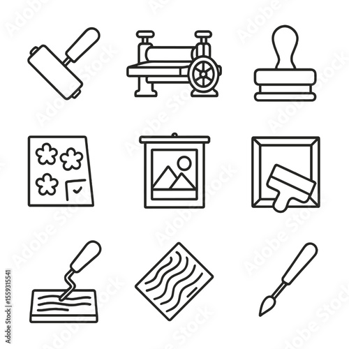 Printmaking Tools Icons. Line style icons of printing and stamping: linocut roller, printmaking press, rubber stamp, ink pad,