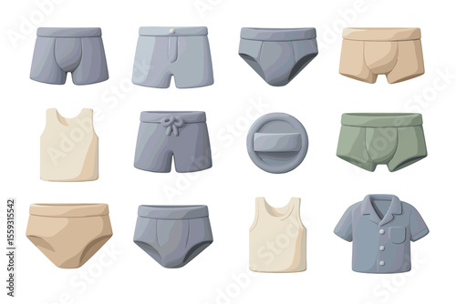 Pastel men's apparel set featuring shirts, shorts, and underwear