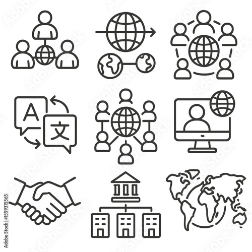 Global Networking Icons. Line style icons of global business networking: international team nodes, country-to-country link,