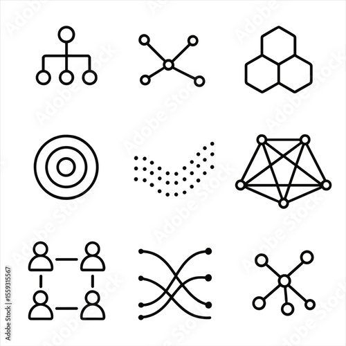 Networking Icons Collection. Line style icons of visual metaphors for networking: network tree, connection lines and dots, linked