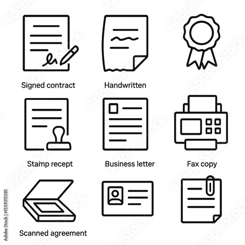 Documentary Evidence Icons. Line style icons of documentary evidence: signed contract, handwritten note, official document seal,