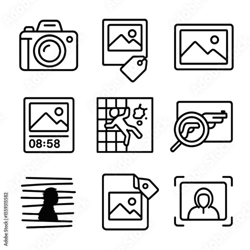 Crime Scene Icons. Line style icons of photographic evidence: crime scene camera, labeled photo print, digital photo icon,