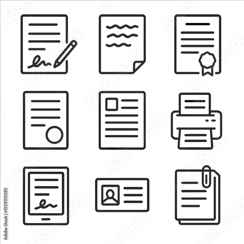 Documentary Evidence Icons. Line style icons of documentary evidence: signed contract, handwritten note, official document seal,