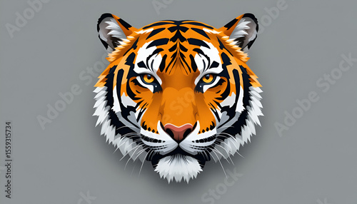 Striking vector art features a majestic tiger face, showcasing bold orange, black stripes, and captivating golden eyes against a soft grey backdrop.