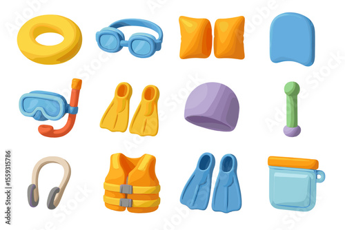 Colorful swimming gear collection with flippers, goggles, and life vest