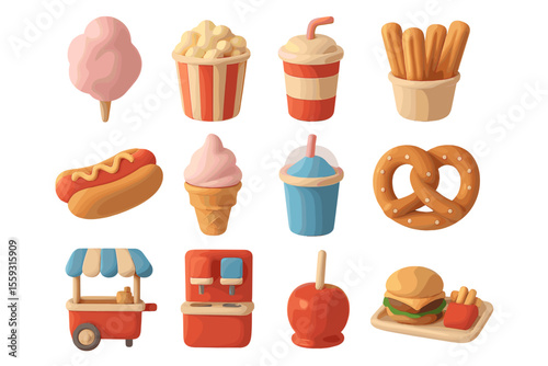 Colorful assortment of fun fair snacks in soft pastel tones