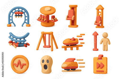 Colorful amusement park icons in playful 3d style