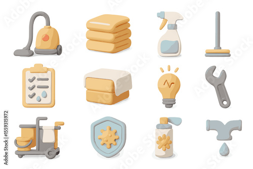 Household cleaning icons collection with vacuum, mop, supplies, and tools