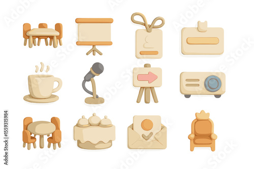 Collection of 3d stylized office and event icons on gradient background