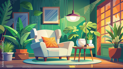 A peaceful living room interior with a white armchair beside a vibrant green plant, featuring soft lighting, natural textures, and warm tones in a stylish 3D rendering that radiates calm elegance.