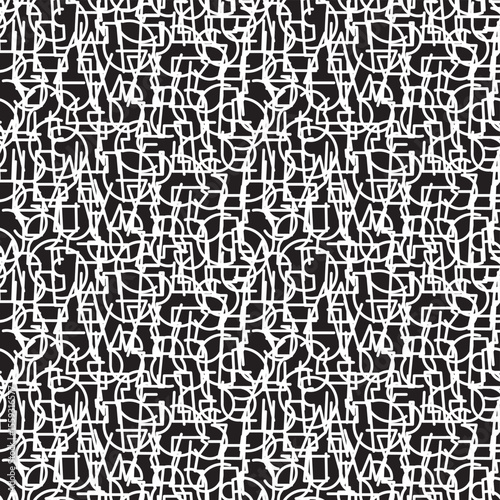 Vector seamless pattern, black and white background with simple, geometric font. Illegible Latin alphabet letters, numbers. Textile, fabric, wallpaper, wrapping paper, tiles, t-shirt design. No ai