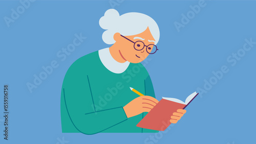 Despite the tremors in their hand the elderly person continues to write in their notebook determined to keep a record of their experiences and wisdom.. Vector illustration