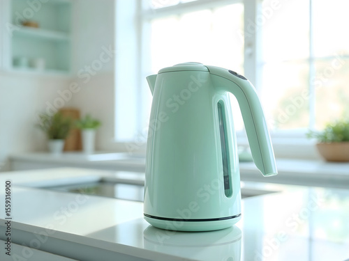 Modern turquoise electric kettle on a marble kitchen countertop, emitting a soft blue glow, combining functionality and aesthetics.