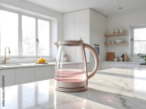  Contemporary glass electric kettle with pink accents on a marble kitchen countertop. Perfect for stylish kitchens, combining functionality with aesthetic appeal.