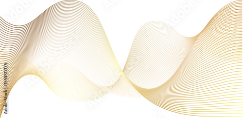 Luxury golden thin foil lines of gradient waves swoosh. 3d swirls sound of music bent and twisted in spirals. Dynamic motion background set for wedding backdrop