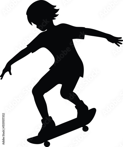 Silhouette of a Young Person Performing a Skateboarding Trick on a Board. Skateboarder Trick Silhouette, Young Rider Performing Aerial Skateboarding Stunt Vector Art. 