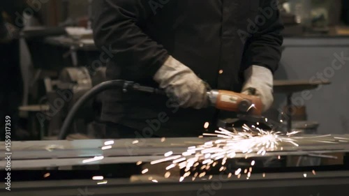 Worker operating the grinding tool for manufacturing of steel turbine parts. Grinding tool pressed against the metal detail at the manufacturing workshop. Grinding tool manufacturing metal components.