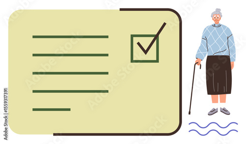 Elderly woman leaning on cane next to checklist with ticked box and text lines. Ideal for aging care, task management, health services, retirement, responsibility, inclusivity, planning. Simple flat