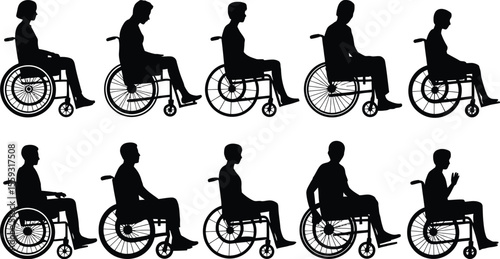 Silhouettes of people sitting in wheelchairs in various poses on a white background